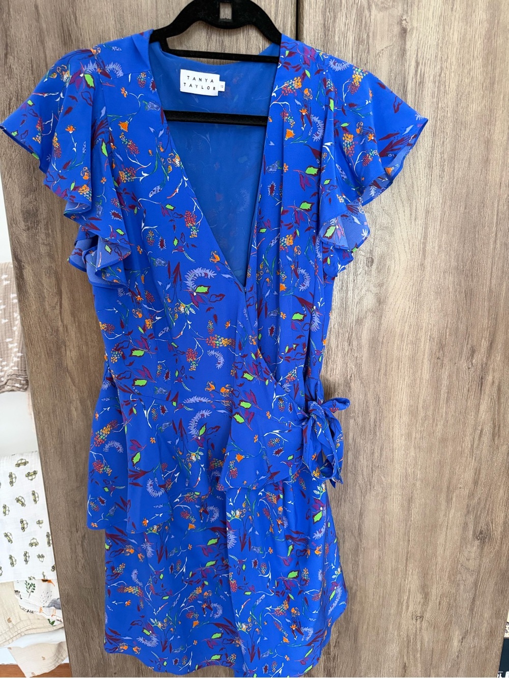 Tanya Taylor Royal Blue Floral Wrap Dress with Ruffle Sleeves